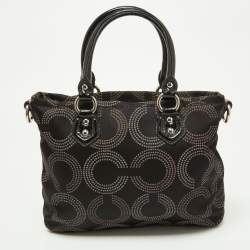 Pre Owned Coach Black Op Art Fabric and Patent Leather Sophia Satchel