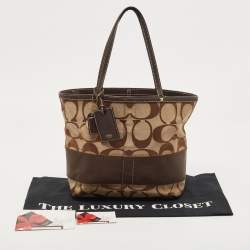 Coach Beige/Brown Signature Canvas and Leather Stipe Tote