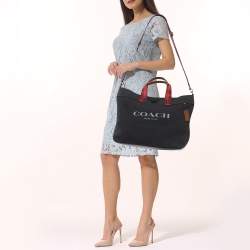 Pre Owned Coach Black/Burgundy Canvas and Leather 38 Tote