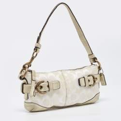 Pre Owned Coach Pale Gold/Beige Signature Canvas and Leather Baguette 