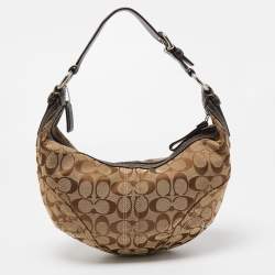Coach Beige/Brown Signature Fabric and Leather Buckle Handle Hobo