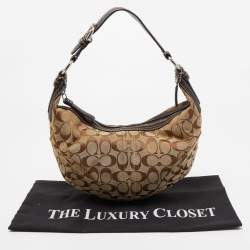 Coach Beige/Brown Signature Fabric and Leather Buckle Handle Hobo