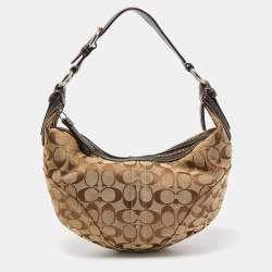 Coach Beige/Brown Signature Fabric and Leather Buckle Handle Hobo