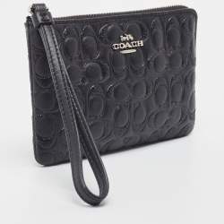 Pre Owned Coach Black Signature Glitter Embossed Leather Boxed Wristlet Clutch