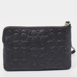 Pre Owned Coach Black Signature Glitter Embossed Leather Boxed Wristlet Clutch