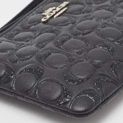 Pre Owned Coach Black Signature Glitter Embossed Leather Boxed Wristlet Clutch