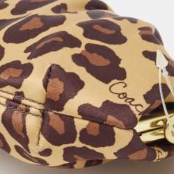 Pre Owned Coach Gold Leopard Print Satin Ocelot Kisslock Wristlet Clutch