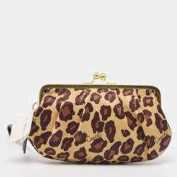 Pre Owned Coach Gold Leopard Print Satin Ocelot Kisslock Wristlet Clutch