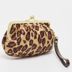 Pre Owned Coach Gold Leopard Print Satin Ocelot Kisslock Wristlet Clutch