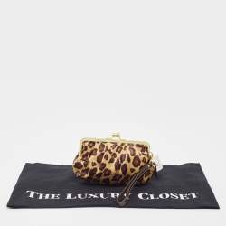 Pre Owned Coach Gold Leopard Print Satin Ocelot Kisslock Wristlet Clutch