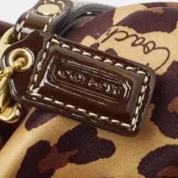 Pre Owned Coach Gold Leopard Print Satin Ocelot Kisslock Wristlet Clutch