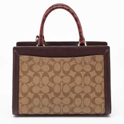 Pre Owned Coach Burgundy/Beige Signature Coated and Leather Zoe Carryall Tote