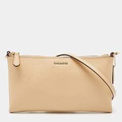 Pre Owned Coach Tan Leather Zip Strap Clutch