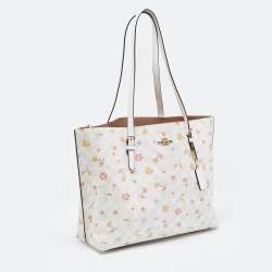 Pre Owned Coach White Signature Coated Canvas and Leather Floral Print City Tote