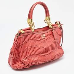 Pre Owned Coach Coral Orange Leather Carrie Madison Gathered Tote