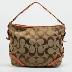 Pre Owned Coach Beige/Orange Signature Canvas and Patent Leather Katarina Hobo