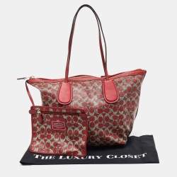 Pre Owned Coach Red/Grey Signature Coated Canvas and Leather Taxi Zip Tote