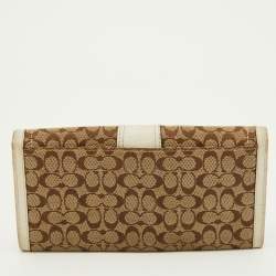 Coach Beige/White Signature Canvas and Leather Buckle Detail Continental Wallet