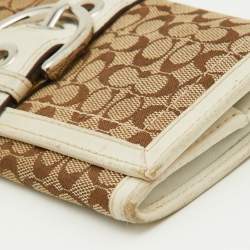 Coach Beige/White Signature Canvas and Leather Buckle Detail Continental Wallet