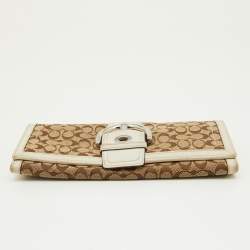 Coach Beige/White Signature Canvas and Leather Buckle Detail Continental Wallet