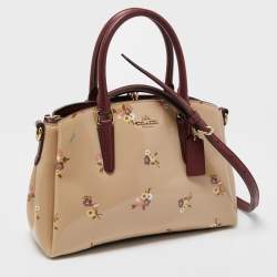 Coach Burgundy/Cream Floral Print Patent and Leather Mini Sage Carryall Satchel