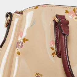 Coach Burgundy/Cream Floral Print Patent and Leather Mini Sage Carryall Satchel