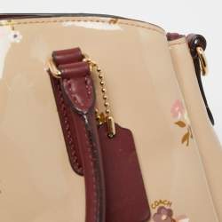 Coach Burgundy/Cream Floral Print Patent and Leather Mini Sage Carryall Satchel