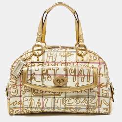 Pre Owned Coach Gold PVC and Leather Graffiti Tattersall Satchel