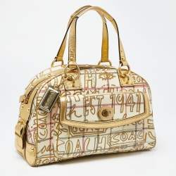 Pre Owned Coach Gold PVC and Leather Graffiti Tattersall Satchel