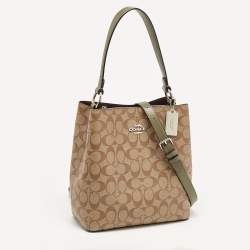 Pre Owned Coach Beige/Green Signature Coated Canvas and Leather Town Bucket Bag