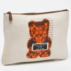 Pre Owned Coach Cream/Orange Signature Leather Gummy Bear Zip Pouch