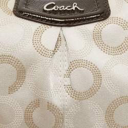 Pre Owned Coach Off White/Dark Brown Signature Fabric and Patent Leather Shoulder Bag