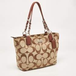 Coach Brown/Beige Signature Canvas and Leather Chain Tote