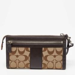 Coach Brown/Beige Signature Canvas and Leather Zip Wristlet Pouch