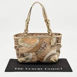 Coach Gold/Beige Signature Canvas, Leather and Suede Patchwork Tote
