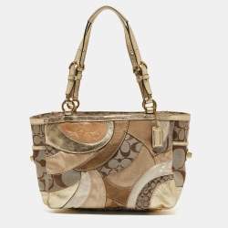 Coach Gold/Beige Signature Canvas, Leather and Suede Patchwork Tote