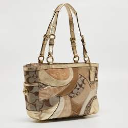 Coach Gold/Beige Signature Canvas, Leather and Suede Patchwork Tote