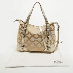 Pre Owned Coach Beige/Gold Op Art Signature Canvas and Leather Alexandra Satchel