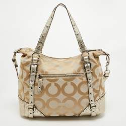 Pre Owned Coach Beige/Gold Op Art Signature Canvas and Leather Alexandra Satchel