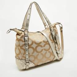 Pre Owned Coach Beige/Gold Op Art Signature Canvas and Leather Alexandra Satchel