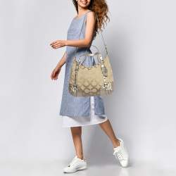 Pre Owned Coach Beige/Gold Op Art Signature Canvas and Leather Alexandra Satchel