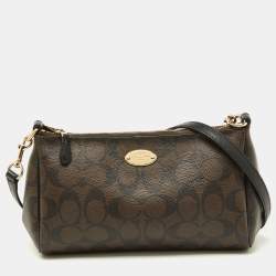 Pre Owned Coach Brown/Black Signature Coated Canvas and Leather Zip Crossbody Bag