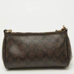 Pre Owned Coach Brown/Black Signature Coated Canvas and Leather Zip Crossbody Bag