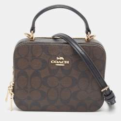 Coach Brown/Black Signature Coated Canvas and Leather Box Top Handle Bag