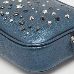 Pre Owned Coach Metallic Blue Leather Studded Double Zip Crossbody Bag