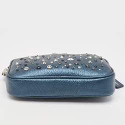 Pre Owned Coach Metallic Blue Leather Studded Double Zip Crossbody Bag