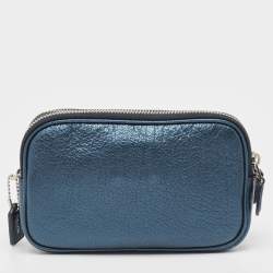 Pre Owned Coach Metallic Blue Leather Studded Double Zip Crossbody Bag