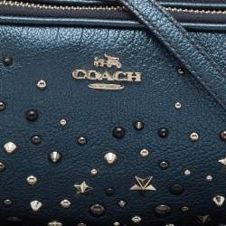 Pre Owned Coach Metallic Blue Leather Studded Double Zip Crossbody Bag