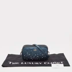 Pre Owned Coach Metallic Blue Leather Studded Double Zip Crossbody Bag