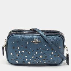 Pre Owned Coach Metallic Blue Leather Studded Double Zip Crossbody Bag